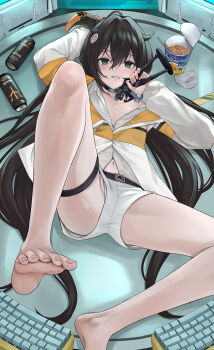 1girl absurdres aqua_eyes barefoot black_ark_ranger_(nikke) black_hair blush computer_keyboard controller instant_cup_noodles energy_drink food food-themed_hair_ornament game_controller goddess_of_victory:_nikke hair_between_eyes hair_intakes hair_ornament highres holding holding_controller holding_game_controller holding_statuette instant_cup_noodles instant_noodles jacket long_hair lying nagato_tsumugu narutomaki_hair_ornament navel on_back panties panty_peek shorts soles solo thigh_strap toes trony_(nikke) underwear white_panties white_shorts