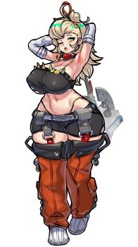 1girl absurdres alternate_breast_size armpits arms_behind_head axe battle_axe belt black_shirt black_shorts blonde_hair blush breasts cleavage covered_erect_nipples crop_top detached_pants detached_sleeves full_body goggles goggles_around_neck green_eyes hair_bun hair_ornament highres holding holding_axe holding_weapon large_breasts long_hair midriff mold_(pixiv6616319) navel one_eye_closed open_mouth pants piper_wheel red_pants shirt shoes shorts simple_background single_hair_bun sleepy solo standing sweat thick_thighs thighs torn_clothes unworn_eyewear weapon white_background white_shoes white_sleeves wide_sleeves yawning zenless_zone_zero