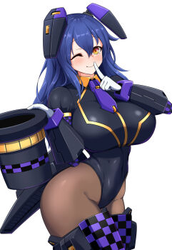 absurdres animal_ears blue_hair blush breasts cosmic_break fake_animal_ears hat highres index_finger_raised itntn large_breasts leotard long_hair looking_at_viewer one_eye_closed pantyhose patty_lop rabbit_ears robot_ears top_hat yellow_eyes