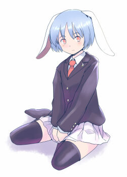 1girl animal_ears black_jacket black_thighhighs blue_hair buttons collared_shirt commentary_request crescent crescent_pin expressionless floppy_ears full_body jacket light_blush necktie no_shoes one-hour_drawing_challenge orange_eyes pleated_skirt rabbit_ears rabbit_girl rangycrow red_necktie reisen_(touhou_bougetsushou) shirt short_hair sideways_glance sitting skirt solo thighhighs touhou white_shirt white_skirt yokozuwari