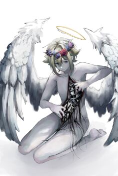 1boy aged_down angel_wings barefoot basil_(faraway)_(omori) basil_(omori) blonde_hair blue_eyes blue_flower closed_mouth collarbone colored_skin completely_nude double-parted_bangs extra_eyes eyes_visible_through_hair feathered_wings flipped_hair flower flower_wreath from_above full_body guru_dayo_3 hair_between_eyes hair_intakes halo hand_up hashtag-only_commentary head_wreath highres jitome male_focus nude omori pink_flower red_flower red_rose ribs rose shadow sidelocks simple_background sitting soles solo something_(omori) toes twitter_username wariza white_background white_skin white_wings wings yellow_halo
