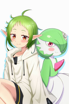 2girls ahoge aikousha_(ico-sha) black_shorts blush blush_stickers bob_cut closed_mouth collarbone colored_skin crossover drawstring drop_shadow elf female_focus flat_chest gardevoir gen_3_pokemon green_hair green_skin hair_over_one_eye happy highres hood hood_down hooded_jacket jacket long_sleeves looking_at_viewer multicolored_skin multiple_girls mushoku_tensei nintendo one_eye_covered open_clothes open_jacket pointy_ears pokemon pokemon_(anime) pokemon_(creature) poketoon red_eyes shirt short_hair short_shorts shorts sidelocks simple_background sitting smile sylphiette_(mushoku_tensei) two-tone_skin white_background white_jacket white_shirt white_skin yellow_trim