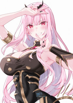 1girl absurdres armlet black_dress black_nails blush breasts commentary dress english_commentary fingernails grin highres hololive hololive_english index_finger_raised jewelry kamiya_maneki large_breasts long_hair looking_at_viewer mori_calliope mori_calliope_(1st_costume) nail_polish pink_eyes pink_hair signature simple_background single_bracer smile solo tiara twitter_username virtual_youtuber w_over_head white_background