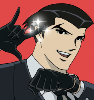 1boy \m/ bad_id bad_pixiv_id black_eyes black_hair formal_clothes gloves macross macross_frontier male_focus necktie parody roger_smith seikan_hikou simple_background smile solo sparkle suit the_big_o ug_(ugg) watch wristwatch