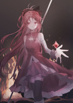 1girl antenna_hair bare_shoulders black_background black_bow black_shirt black_thighhighs black_wrist_cuffs boots bow breasts chinese_commentary cleavage cleavage_cutout clothing_cutout collared_dress commentary_request cowboy_shot detached_sleeves dress embers fire frilled_dress frills gem hair_bow highres holding holding_polearm holding_weapon knee_boots layla_836829767 light_blush long_hair long_sleeves looking_at_viewer mahou_shoujo_madoka_magica mahou_shoujo_madoka_magica_(anime) medium_dress miniskirt object_floating_above_hand outstretched_hand parted_lips pink_skirt pleated_skirt polearm ponytail red_dress red_eyes red_gemstone red_hair sakura_kyoko shirt shirt_under_dress sidelocks skirt skirt_under_dress sleeveless sleeveless_dress solo standing tailcoat thighhighs very_long_hair weapon white_sleeves wrist_cuffs