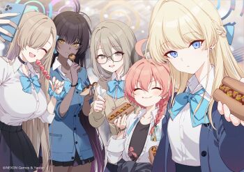 5girls ahoge akane_(blue_archive) akane_(school_uniform)_(blue_archive) asuna_(blue_archive) asuna_(school_uniform)_(blue_archive) black_hair black_skirt blonde_hair blue_archive blue_bow blue_bowtie blue_eyes bow bowtie breasts brown_hair cleaning_&amp;_clearing_(blue_archive) closed_eyes closed_mouth collared_shirt commentary_request food hair_between_eyes hair_over_one_eye highres holding holding_food hot_dog jacket karin_(blue_archive) karin_(school_uniform)_(blue_archive) large_breasts long_hair looking_at_viewer multiple_girls neru_(blue_archive) neru_(school_uniform)_(blue_archive) official_alternate_costume official_art open_clothes open_jacket orange_hair parted_bangs school_uniform scrunchie shirt skirt smile toki_(blue_archive) toki_(school_uniform)_(blue_archive) tomari_(veryberry00) very_long_hair white_shirt wrist_scrunchie yellow_eyes