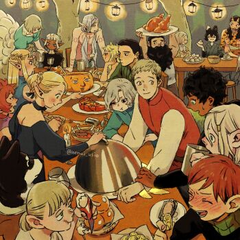 6+boys 6+girls arm_tattoo banquet beard black_eyes black_hair blonde_hair blue_eyes blush braid brown_hair cat_girl chest_tattoo chilchuck_tims chimera choker cup dark-skinned_male dark_elf dark_skin dress drinking dungeon_meshi dwarf eating elf facial_hair falin_touden falin_touden_(chimera) feast feathers female_orc fleki food grey_hair halfling highres holding inutade izutsumi kabru kobold kuro_(dungeon_meshi) laios_touden lantern leed_(dungeon_meshi) long_beard long_hair low_twintails lycion marcille_donato meat mickbell_tomas mithrun monster_girl multiple_boys multiple_girls mustache namari_(dungeon_meshi) nemui_usio notched_ear oni orc party pattadol pig_girl pig_nose plate pointy_ears ponytail senshi_(dungeon_meshi) shirt short_hair shurou smile sweatdrop table tattoo thick_mustache thistle_(dungeon_meshi) topless_male twintails updo white_feathers yaad_(dungeon_meshi) yellow_eyes