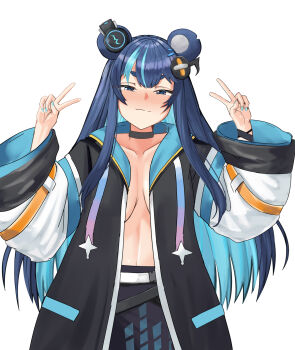 1girl animal_ears bear_ears bear_girl blue_hair breasts choker cleavage colored_inner_hair commentary fujikura_uruka heiz_illust highres jacket long_hair multicolored_hair open_clothes open_jacket phase_connect v virtual_youtuber white_background