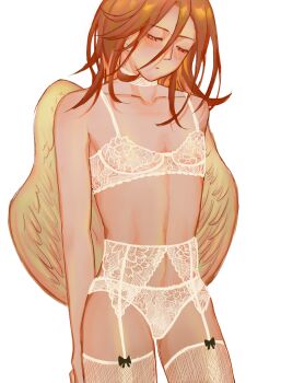 1boy androgynous angel angel_devil_(chainsaw_man) angel_wings black_bow blush bow bow_legwear bra chainsaw_man choker closed_eyes closed_mouth cmm commentary cowboy_shot crossdressing crossdressing_(mtf) english_commentary feathered_wings garter_belt garter_straps hair_between_eyes highres lace lace_bra lace_choker lace_panties lace_thighhighs lingerie long_hair male_focus panties red_hair solo thighhighs underwear white_background white_bra white_panties wings