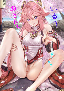 1girl absurdres animal_ears bare_legs bare_shoulders blue_sky breasts censored cherry_blossoms cherry_tree crossed_bangs detached_sleeves earrings fingernails floppy_ears fox_ears fox_shadow_puppet genshin_impact hair_between_eyes highres holding holding_panties holding_underwear holding_unworn_clothes japanese_clothes jewelry large_breasts large_variant_set leg_hold long_hair looking_at_viewer low-tied_long_hair m_legs mosaic_censoring nail_polish nontraditional_miko nori_chazuke outdoors panties parted_lips pendant pink_hair pink_nails pink_panties pond purple_eyes pussy shirt sitting sky sleeveless sleeveless_shirt smile solo spread_legs translation_request turtleneck underwear unworn_panties variant_set vision_(genshin_impact) white_shirt white_sleeves wide_sleeves yae_miko