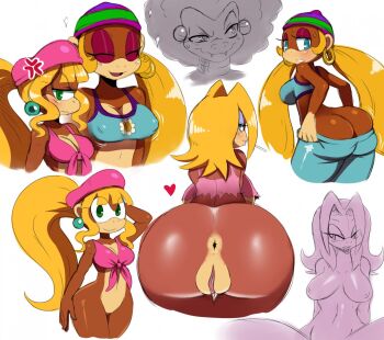 Rule 34 | 4girls, afro, anus, ape, ass, back, beanie, blonde hair, blue eyes, blush, bottle, breast envy, breasts, butt crack, candy kong, cleavage, clothes pull, colored skin, curvy, dixie kong, donkey kong (series), donkey kong barrel blast, earrings, eric lowery, green eyes, hat, hoop earrings, jewelry, kalypso, large breasts, long hair, looking back, medium breasts, monkey girl, multiple girls, multiple views, nintendo, nipples, nude, pants, pants pull, ponytail, pussy, reptile girl, sharp teeth, siblings, sisters, smile, teeth, tiny kong, twintails, uncensored, underboob, very long hair, wide hips