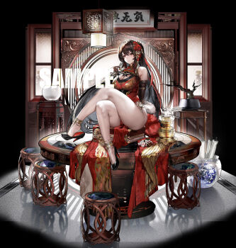 Rule 34 | 1girl, black hair, black shoes, bonsai, breasts, character request, cleavage, cleavage cutout, closed mouth, clothing cutout, commentary request, crossed bangs, dress, elbow gloves, flower, gloves, hair flower, hair ornament, high heels, highres, long hair, mahjong, mahjong tile, official art, pelvic curtain, red dress, red flower, red rose, rose, sample watermark, scroll, shoes, sitting, table, thighs, watermark, x2: eclipse, xiaoluo xl