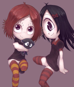 1boy 2girls animal arm_support bar_censor bat_(animal) black_dress black_eyes black_hair bow censored colored_skin conoghi cyclops dress freckles hair_bow holding holding_animal iris_(ruby_gloom) long_hair looking_at_viewer multiple_girls no_panties one-eyed orange_thighhighs puffy_sleeves pussy red_bow red_hair red_thighhighs ruby_gloom ruby_gloom_(character) scaredy_bat short_hair short_sleeves sitting smile striped_clothes striped_thighhighs thighhighs white_skin