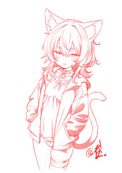 1girl absurdres animal_ears cat_ears cat_girl cat_tail collar colored_lineart frilled_shirt frills gu hands_in_pockets highres jacket lineart long_hair long_sleeves looking_at_viewer no_pants open_clothes open_jacket original panties shirt simple_background tail thigh_strap underwear white_background
