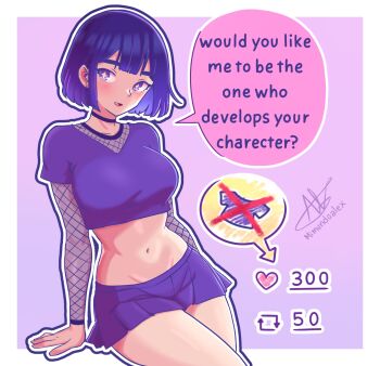 1girl artist_name bob_cut breasts choker commentary crop_top english_commentary english_text fishnet_top fishnets highres large_breasts like_and_retweet microskirt midriff mimundoalex navel original outside_border purple_eyes purple_hair purple_shirt shirt short_hair signature skirt solo twitter_strip_game