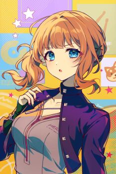 1girl :o absurdres arm_at_side artist_name asymmetrical_sidelocks black_jacket black_nails blue_eyes blunt_bangs blush bracelet breasts brown_hair collarbone commentary cropped_jacket english_commentary find_the_dream_view_(project_sekai) grey_shirt hand_up highres jacket jewelry kheng_(k_heng1223) looking_at_viewer medium_breasts medium_hair mochizuki_honami multicolored_nails necklace official_alternate_costume open_clothes open_jacket parted_lips project_sekai purple_nails shirt side_ponytail sidelocks solo star_(symbol) upper_body