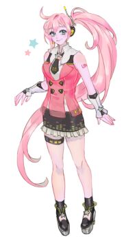 black_boots black_skirt blue_eyes boots bow bowtie delivery_(pixiv23805551) detached_sleeves headphones legband long_hair looking_at_viewer pink_hair skirt smile star_(symbol) uni_(vocaloid) vocaloid