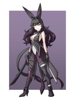 Rule 34 | 1girl, ankle boots, asymmetrical legwear, bare shoulders, black boots, black bow, black gloves, black hair, black jacket, blake belladonna, boots, bow, bowtie, breasts, bright pupils, center opening, closed mouth, coattails, commentary, dual wielding, english commentary, full body, full cleavage, gloves, hair bow, highres, holding, holding sword, holding weapon, jacket, large bow, leotard, long hair, looking at viewer, medium breasts, mori kuro pp, multiple thigh straps, outside border, pantyhose, playboy bunny, purple bow, purple bowtie, purple pantyhose, rwby, smile, solo, sword, tailcoat, thigh strap, weapon, white leotard, yellow eyes