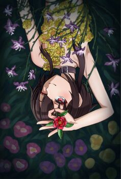 1girl arm_up armpits black_choker brown_hair chainsaw_man choker closed_mouth flower highres kawaseri1 kono_subarashii_sekai_ni_shukufuku_wo! lying megumin on_back one_eye_closed pink_flower purple_flower red_eyes smile solo upside-down yellow_flower