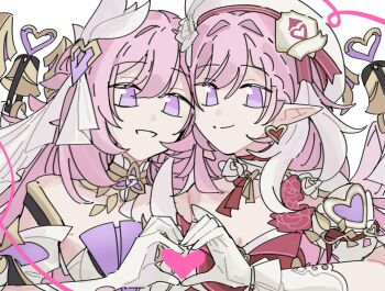 bell beret breasts chinese_commentary cleavage commentary_request corset dress dual_persona earrings elysia_(herrscher_of_human:_ego)_(honkai_impact) elysia_(hi_love_elf)_(honkai_impact) elysia_(honkai_impact) gelinzzz gloves hair_ornament hat heart heart_earrings heart_hands heart_hands_duo highres honkai_(series) honkai_impact_3rd jewelry large_breasts long_hair looking_at_viewer pink_hair purple_eyes red_dress smile upper_body very_long_hair white_corset white_gloves