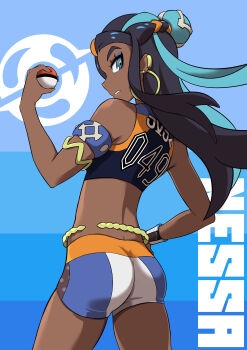 1girl absurdres armlet ass belly_chain black_hair blue_eyes blue_eyeshadow blue_hair character_name crop_top dark-skinned_female dark_skin dynamax_band earrings eyeshadow from_behind hair_bun highres hoop_earrings jewelry long_hair makeup multicolored_hair nessa_(pokemon) nintendo ootoii pokemon pokemon_swsh single_hair_bun solo two-tone_hair