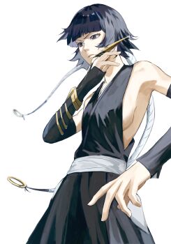 1girl backless_dress backless_outfit bare_back bare_shoulders black_dress black_eyes black_hair black_sleeves bleach braid breasts dagger detached_sleeves dress floating_hair frown hair_ribbon highres holding holding_dagger holding_knife holding_weapon knife long_dress long_hair looking_ahead looking_to_the_side mature_female messy_hair ribbon shihakusho sideboob sidelocks simple_background sleeveless sleeveless_dress sleeves_past_wrists small_breasts solo sui-feng suzumebachi_(shikai) twin_braids uno_0a waistband weapon white_background white_ribbon