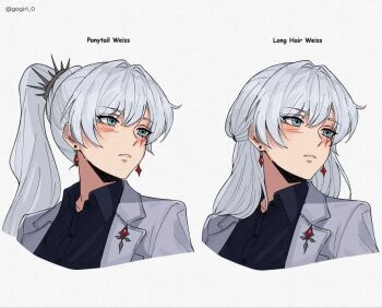 1girl alternate_hairstyle black_shirt blue_eyes coat commentary earrings english_commentary gogirl_0 jewelry long_hair looking_to_the_side multiple_views parted_lips ponytail rwby scar scar_across_eye scar_on_face shirt simple_background upper_body weiss_schnee white_background white_coat white_hair