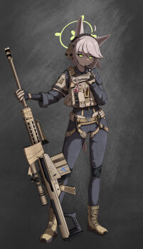 1girl absurdres ahoge animal_ear_fluff animal_ears anti-materiel_rifle barrett_m82 belt black_pants black_shirt black_suit blue_archive boots bulletproof_vest commentary_request formal_clothes fox_ears fox_girl fox_platoon_(blue_archive) fox_tail furrowed_brow glock gloves glowing glowing_eyes grey_hair gun halo hand_up handgun headphones highres holding holding_gun holding_weapon holster implied_extra_ears looking_at_viewer microphone military military_combat_uniform military_uniform odi original otogi_(blue_archive) pants rifle scissors scope shirt sniper_rifle standing suit tactical_clothes tactical_gloves tail weapon yellow_boots yellow_eyes yellow_halo