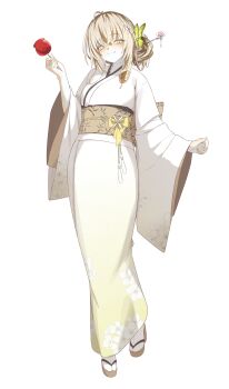 1girl absurdres astra_chichi blonde_hair butterfly_hair_ornament candy_apple chinese_hairpin commentary_request floral_print floral_print_kimono food full_body furry furry_female gradient_clothes gradient_kimono hair_bun hair_ornament hair_stick highres japanese_clothes kimono kiwi_(sani_yang's_laboratory) korean_commentary long_hair looking_at_viewer obi obidome print_kimono sandals sani_yang's_laboratory sash simple_background solo tabi white_background white_kimono wide_sleeves yellow_kimono zouri