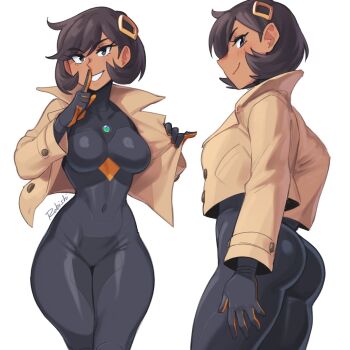 1girl artist_name ass black_bodysuit black_gloves blush bodysuit breasts brown_eyes brown_jacket commentary covered_navel dark-skinned_female dark_skin emma_(pokemon) english_commentary gloves grin highres jacket large_breasts nintendo open_clothes open_jacket orange_gloves pokemon pokemon_legends:_z-a profile rob_ishi smile teeth
