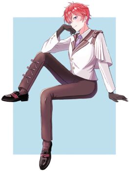 1boy arm_support black_gloves blue_background blue_eyes border brown_pants brown_socks buttons capelet closed_mouth collared_shirt commentary_request full_body gloves hair_between_eyes head_rest highres invisible_chair jacket knee_up kumo2mi lapels long_sleeves looking_at_viewer male_focus necktie outside_border pants purple_necktie re:zero_kara_hajimeru_isekai_seikatsu red_hair reinhard_van_astrea shirt shoes short_hair sitting smile socks solo white_border white_jacket