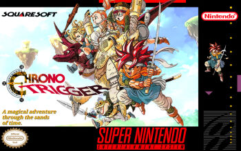 ayla_(chrono_trigger) bandana blonde_hair chrono_trigger crono_(chrono_trigger) floating_island frog_(chrono_trigger) game game_console glasses headband katana lucca_ashtear marle_(chrono_trigger) purple_hair red_hair robo_(chrono_trigger) square_enix super_famicom super_nintendo sword toriyama_akira weapon