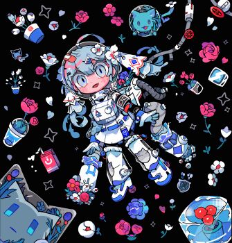 1girl a-pose absurdres black_background chibi chibi_only commentary_request fang flower full_body gloves grey_eyes grey_hair hair_between_eyes highres looking_at_viewer open_mouth original red_flower red_rose rose smile solo space spacesuit terada_tera white_gloves