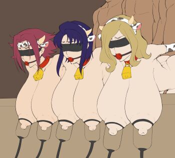 3boys 3girls animal_ears animal_print ass ball_gag bdsm bell blindfold blonde_hair blue_hair bondage bound breasts cecile_croomy cleavage code_geass collar cow_ears cow_horns cow_print cowbell elbow_gloves female_focus gag gagged gloves hairband highres horns huge_breasts iwao178 kouzuki_kallen long_hair milking_machine milly_ashford multiple_boys multiple_girls nipples nude red_hair sex sex_from_behind