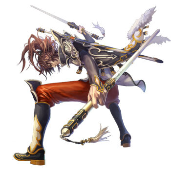 1boy bent_over brown_hair dual_wielding eat eat0123 fantasy holding male_focus original solo sword weapon