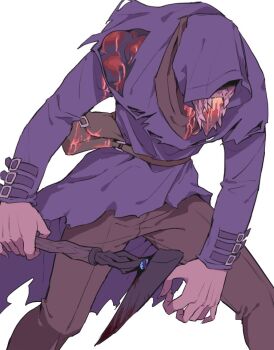 blood bloody_weapon brown_pants dead_by_daylight extra_digits fingernails holding holding_weapon hood hood_up long_fingernails long_sleeves monster pants pouch rokkoron sharp_teeth teeth the_blight_(dead_by_daylight) weapon