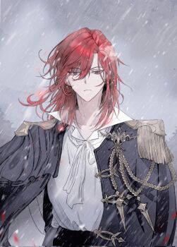1boy aiguillette black_coat black_jacket cale_henituse closed_mouth coat collared_shirt epaulettes expressionless grey_sky hair_between_eyes highres jacket long_hair looking_at_viewer lout_of_count&#039;s_family male_focus medium_hair molan_lemon outdoors overcast rain red_hair shirt sky snowing solo upper_body white_shirt wind
