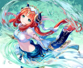 1girl aqua_eyes blunt_bangs bracer breasts bug butterfly circlet closed_mouth clothing_cutout commentary_request cotocoto crop_top dancer fake_horns floating_hair from_above genshin_impact gladiator_sandals gold_trim harem_outfit highres horns insect jewelry leg_up long_hair long_sleeves looking_at_viewer looking_up low_twintails medium_breasts navel neck_ring nilou_(genshin_impact) parted_bangs puffy_long_sleeves puffy_sleeves red_hair revision sandals sidelocks skirt smile standing standing_on_one_leg stomach twintails veil vision_(genshin_impact) water water_drop wet wet_clothes white_veil