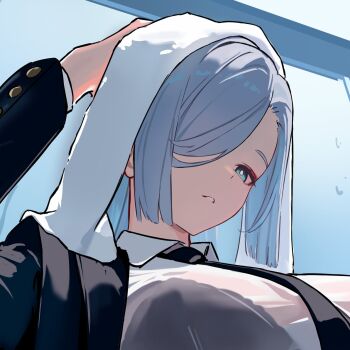 1girl black_bra black_jacket black_necktie bra bra_visible_through_clothes breasts genshin_impact grey_eyes grey_hair highres jacket large_breasts long_hair necktie parted_lips shenhe_(genshin_impact) shirt solo suit_jacket towel towel_on_head underwear upper_body wet wet_clothes wet_shirt yumeto_(ym-1)