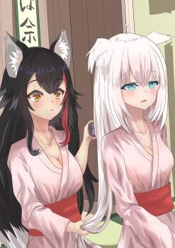 2girls absurdres ahoge animal_ear_fluff animal_ears black_hair blush braid breasts brushing_another's_hair brushing_hair cleavage collarbone commentary_request ears_down fox_ears fox_girl green_eyes hair_between_eyes hair_down highres holding_another's_hair hololive indoors japanese_clothes kimono long_hair medium_breasts multicolored_hair multiple_girls obi ookami_mio open_mouth pink_kimono red_hair sash shirakami_fubuki sidelocks single_braid smile streaked_hair user_mfxx2383 virtual_youtuber white_hair wolf_ears wolf_girl yellow_eyes yukata