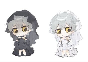 Rule 34 | 111shuiguoshang, 1boy, alternate costume, black bow, black dress, black gloves, black veil, bow, caelus (honkai: star rail), closed mouth, colored eyebrows, commentary, dress, english commentary, gloves, grey hair, hair between eyes, hashtag-only commentary, highres, honkai: star rail, honkai (series), short hair, standing, trailblazer (honkai: star rail), veil, white background, white bow, white dress, white gloves, white veil, yellow eyes