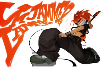 1girl alternate_costume baggy_pants belt black_pants black_shirt bracelet commentary crop_top cropped_shirt english_commentary english_text eyeshadow guitar highres horns instrument jewelry lammy_(um_jammer_lammy) loose_pants makeup midriff music navel on_one_knee orange_hair orange_lips pants parappa_the_rapper personification playing_instrument seth_mcghee sheep sheep_girl shirt shoes teeth um_jammer_lammy white_background