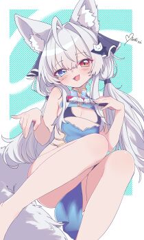 1girl :d absurdres ahoge animal_ear_fluff bare_legs bare_shoulders black_bra blue_dress blue_eyes blue_ribbon blush bra breasts cat_hair_ornament china_dress chinese_clothes clothing_cutout commission dress fang feet_out_of_frame grey_hair grey_tail hair_intakes hair_ornament hair_ribbon hand_fan heterochromia highres holding holding_fan huge_ahoge knees_together_feet_apart knees_up large_tail legs loli long_hair looking_at_viewer low_twintails mandarin_collar mibuki_ni open_mouth original pelvic_curtain red_eyes revealing_clothes ribbon signature sitting sleeveless sleeveless_dress small_breasts smile solo tail twintails underwear