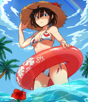 1girl ahoge anah_41 beach bikini black_hair blue_sky breasts cloud commentary cowboy_shot dutch_angle english_commentary eyeshadow flower hat hibiscus highres innertube kitsune_(anah_41) lens_flare looking_at_viewer makeup medium_breasts original palm_tree partially_submerged rainbow red_eyeshadow red_flower short_hair side-tie_bikini_bottom sky solo straw_hat swim_ring swimsuit tree water white_bikini