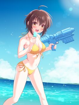 1girl ahoge bikini blue_sky breasts brown_eyes brown_hair cloud commission day feet_out_of_frame food front-tie_bikini_top front-tie_top harukaze_soyogu highres horizon lens_flare mamoru_(sister_princess) medium_breasts outdoors popsicle short_hair side-tie_bikini_bottom sister_princess skeb_commission sky smile solo swimsuit water water_gun yellow_bikini