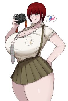 1girl absurdres blush breasts camera cleavage curvy danganronpa_2:_goodbye_despair female_focus freckles gus_(emmarrgus) hand_on_own_hip highres huge_breasts koizumi_mahiru licking_lips looking_at_viewer necktie red_hair short_hair skirt solo suspenders sweatdrop thick_thighs thighs tongue tongue_out wide_hips