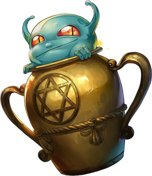 agathion_(megami_tensei) artist_request black_eyes blue_skin closed_mouth colored_sclera colored_skin demon demon_(megami_tensei) fewer_digits hexagram in_container in_jar jar official_art persona persona_5 persona_5:_the_phantom_x pottery red_sclera shin_megami_tensei slit_pupils solo star_of_david third-party_source transparent_background