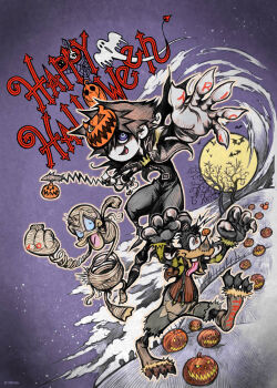 3boys bat_(animal) brown_hair claws dog_boy donald_duck duck_boy goofy halloween happy_halloween highres jack-o&#039;-lantern keyblade kingdom_hearts moon multiple_boys night nomura_tetsuya official_alternate_costume official_art pumpkin smile sora_(kingdom_hearts)