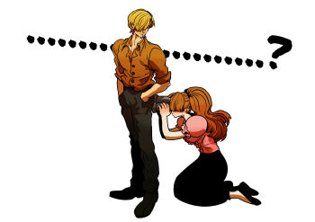 ... ...? 1boy 1girl ? absurdres beard blonde_hair blue_eyes brown_hair charlotte_pudding dress facial_hair female_pervert hetero highres lips long_hair looking_at_another looking_at_ass one_piece pervert rita_ya sanji_(one_piece) simple_background smoking standing twintails very_long_hair what white_background