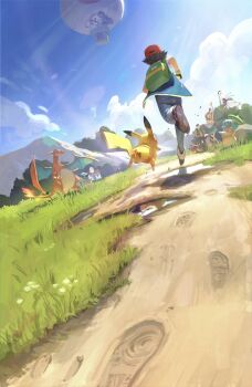 2girls 3boys aircraft arbok ash_ketchum black_hair blue_sky brock_(pokemon) brown_hair building bulbasaur butterfree charizard day denim gen_1_pokemon gen_2_pokemon grass highres holding holding_pokemon hot_air_balloon james_(pokemon) jeans jessie_(pokemon) koffing meowth misty_(pokemon) mountainous_horizon multiple_boys multiple_girls nintendo okacheke orange_hair outdoors pants pidgey pikachu pink_hair pokemon pokemon_(anime) pokemon_(classic_anime) pokemon_(creature) psyduck puddle purple_hair running shoe_soles sky squirtle team_rocket team_rocket_uniform togepi vulpix